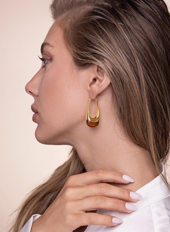 SNGIA Long Oval Chunky Dangle 18K gold plated Hoops with Colored Resin Gemstone Statement Earrings for Women by SNGIA, (Green, Brown, Blue, Pink, White, Cream), Bold Drop Handmade Exaggerated Irregular Trendy Bohemian Jewelry Gifts, Unique Dangling Teardrop Baroque Stone Summer Beach Fashion Earrings Accessories, Round Vintage Thick Circular Nickle Free Huggies Hoop Earrings. (Brown) - Image 2